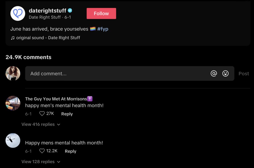 Comment section of a TikTok. The top comments both say "Happy Men's Mental Health Month."